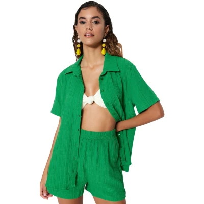 Afbeelding van Trendyol Groen Geweven Overhemd Shorts Strandpak Tbess23Au00022