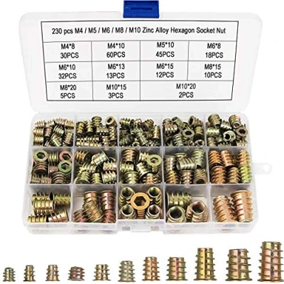Afbeelding van RUOLIN 230 stuks inschroefmoeren, set M4, M5, M6, M8, M10, zinklegering, zeskantbinnenmoer met afdekrand, aandrijfmoer, houten inzetstuk, moeren, draadinzet meubel, hex assortiment voor zachthouten meubels