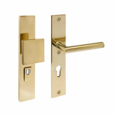 Afbeelding van Intersteel SKG3 veiligheidsbeslag voordeur rechthoek 250x50mm greep/kruk Jura PC72 kerntrekbeveiliging PVD messingkleur