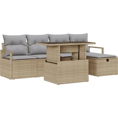 Afbeelding van vidaXL 6 delige tuinsofa set met kussens Beige Poly Rattan