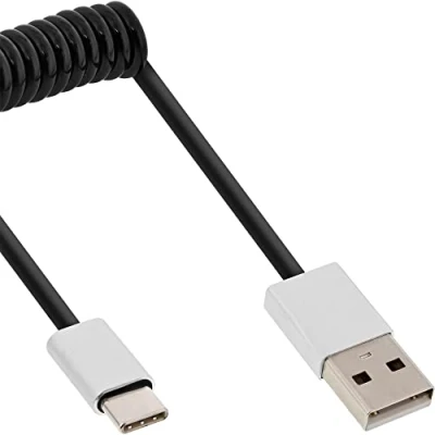 Afbeelding van InLine USB C naar A spiraalkabel USB2.0 tot 3A / zwart 1 meter