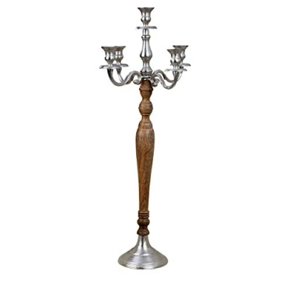 Afbeelding van Kandelaar 5 armige van hout en metaal bruin/zilver hoogte 80 cm