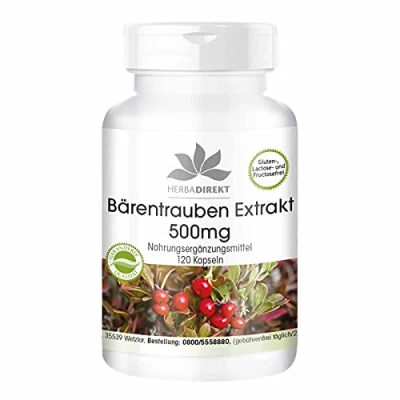 Afbeelding van Berendruif extract 500mg 120 Capsules Uva Ursi Gestandaardiseerd op 20% Arbutine Hoge dosis Veganistisch HERBADIREKT by Warnke Vitalstoffe Duitse apothekerskwalitei