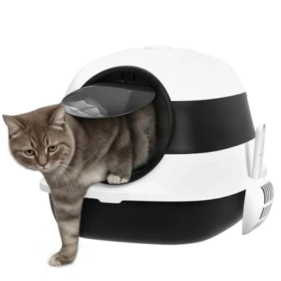 Afbeelding van PawHut kattenbak met deksel, incl. deodorant, bodemrooster, strooischep, grote binnenruimte voor katten tot 5 kg, wit + zwart, 52 x 41 38 cm