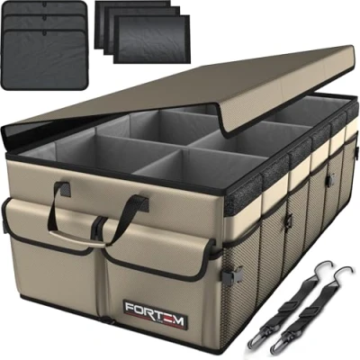 Afbeelding van FORTEM Auto Organizer, Kofferbak Achterbak Opvouwbare Organizer met Compartimenten, Antislip Bodem, Verstelbare Bevestigingsriempjes, Opvouwbaar Deksel(Bruinen, XLarge)