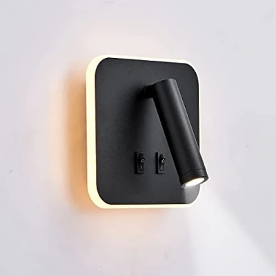 Afbeelding van uksunvi LED wandlamp, leeswandlamp aan het bed, 12W verstelbare schijnwerper 3W +9W 3000K warm licht (zwart vierkant)