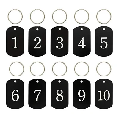 Afbeelding van Gegraveerde nummerlabels, aluminium, labels voor sleutelhangers, met ringen (1 10, zwart)
