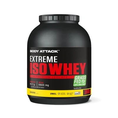 Afbeelding van Body Attack Extreme Iso Whey, Banana, 1,8 kg, CFM Whey Proteïne isolaat van 100% Ierse weidemelk, glutenvrij, rijk aan EAA&#039;s, perfect oplosbaar, vetarm, zonder aspartaam, 90,6%