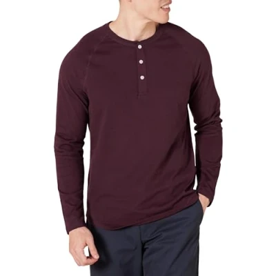 Afbeelding van Amazon Essentials Men&#039;s Henley shirt met lange mouwen en slanke pasvorm, Bordeauxrood, M