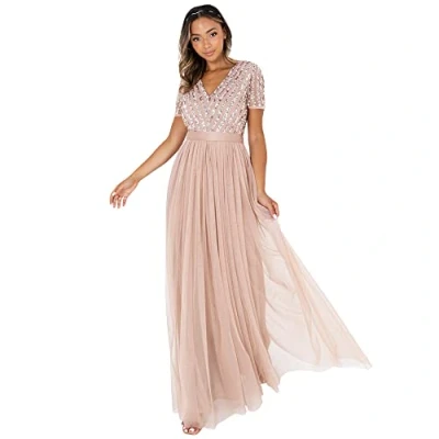 Afbeelding van Maya Deluxe Maxi jurk, bruidsmeisjesjurk, gestreept, korte mouwen, nevel, groen, damesjurk, Taupe Blush, 38 NL