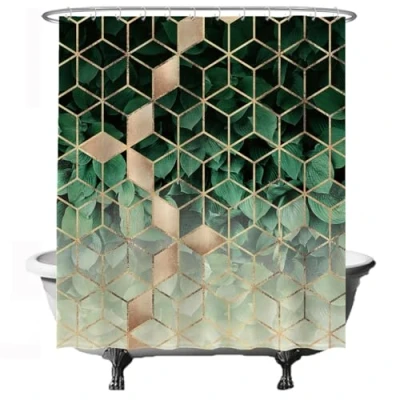 Afbeelding van Ulticool Douchegordijn Geometrisch Groen Natuur Goud Luxe 180 x 200 cm semi Transparant met 12 Ringen Wit anti Schimmel