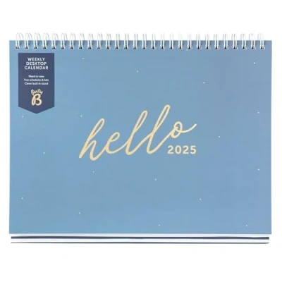 Afbeelding van Busy B Wekelijkse bureaukalender 2025 januari december blauw kalender met ingebouwde standaard en flip top binding 5 schema&#039;s werkkalender voor kantoor of thuis planner opbergvakken