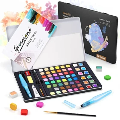 Afbeelding van DazSpirit Aquarelverfset, 60 levendige kleuren, draagbare aquarelverfdoos inclusief metallic en fluorescerende met 8 aquarelpapierblokken, voor kinderen, beginners professionals