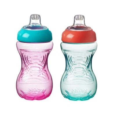 Afbeelding van Nuby Easy grip 2 stuks drinkbeker voor kinderen morsbestendig eenvoudige BPA vrij roze en oranje