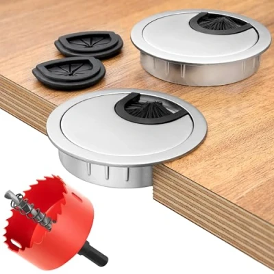 Afbeelding van BRUCE.® Premium bureau Kabeldoorvoer [2 Stuks, Zilver] met Gatenzaag Voor ø 60 mm incl. 2 x rubber tules meer orde op het de werkplek