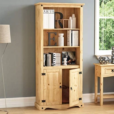 Afbeelding van Vida Designs Corona boekenkast met 2 deuren, massief grenenhout, noodlijdende gewaxte afwerking