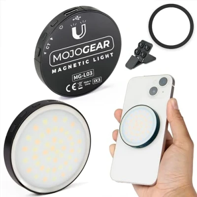 Afbeelding van MOJOGEAR Magnetische Mini Videolamp voor MagSafe Magnetisch 3 lichtstanden 300 mAh batterij Zwart