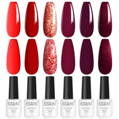 Afbeelding van ROSALIND UV Nagellak Set, 6 kleuren Gel Lichtrood Donkerrood Bourgondisch Glitter Gellak voor Nagelstudio DIY Home