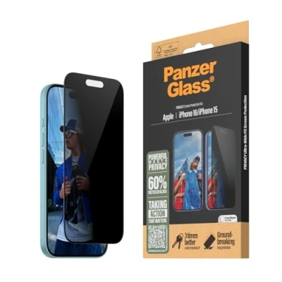 Afbeelding van PanzerGlass® Privacy Screen Protector voor Apple iPhone 16 gehard glas, hoge krasbestendigheid, slagvastheid, vlekvrije coating, met montagehulp eenvoudige installatie