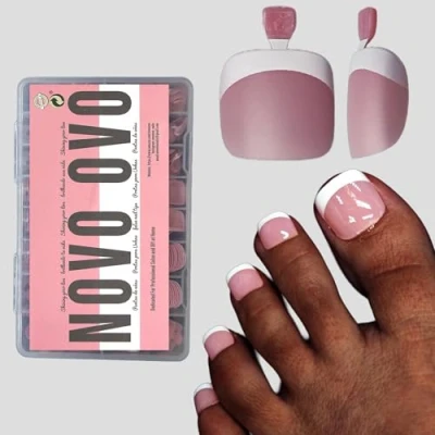 Afbeelding van NOVO OVO Nep teennageltips Press, Franse tip zachte gel teennagel verlenging, BERRY ROZE vierkante ronde vooraf aangebrachte primer en basislaag, volledige dekking matte valse nagels voor