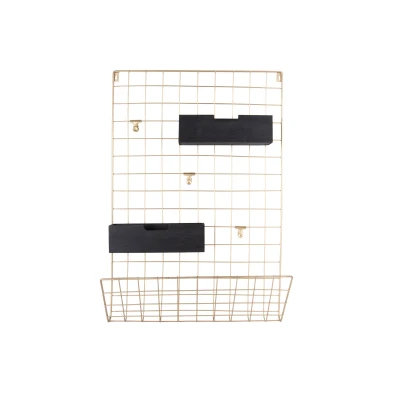 Afbeelding van Pt Wandrek Open Grid 3 Clips 2 Houten Bakjes Zwart / Goud 13x45x66cm
