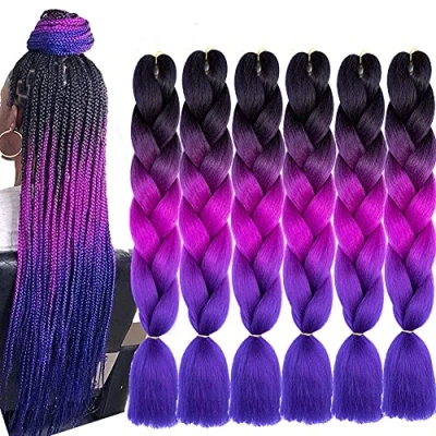 Afbeelding van Jumbo vlechten, haarextensies, kleurrijk kunsthaar, hittebestendig haar voor doe het zelvers, Crochet Box ombre lila, 3 kleuren, 100 g/stuk, 60 cm (ombre donkerpaars paars)