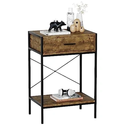 Afbeelding van Vida Designs Brooklyn Console Tafel Hal Woonkamer Rustieke Plank Industriële Opbergmeubels (Donker Hout, 1 Lade)