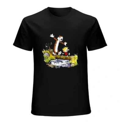 Afbeelding van Calvin Hobbes Bill Watterson Comic Graphic Tee Printed T Shirt Fashion for Men Black S