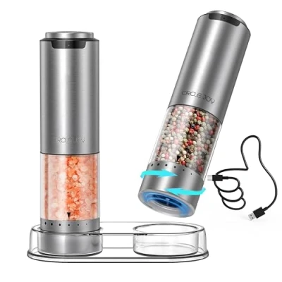 Afbeelding van CIRCLE JOY Oplaadbare elektrische zout en pepermolenset met sokkel, kruidenmolens van roestvrij staal wasbare 95 ml transparante container, wit ledlicht instelbare grofheid