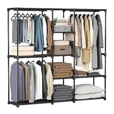 Afbeelding van SONGMICS Kledingkast, kledingrek, vrijstaande kapstok, met kledingroedes, stoffen planken, metalen frame, 182 x 43 cm, inktzwart RYG037B02