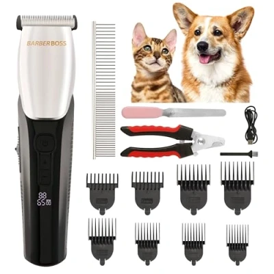 Afbeelding van BarberBoss hondentondeuse met 8 opzetkammen, slank ontwerp 4 snelheidsinstellingen, 100% waterdicht, R vormige keramische kop, LED display, snoerloze tondeuse voor honden en katten, QR 9083
