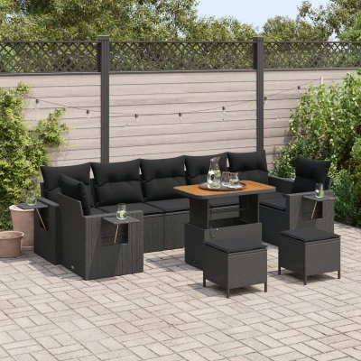 Afbeelding van vidaXL 10 delige tuinbankset met kussens Zwart Poly Rattan Acacia, 3 tuin eettafelset Acacia
