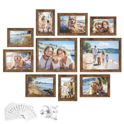 Afbeelding van SONGMICS fotolijsten met 16 matten, set van 10, twee 8 x 10 cm, vier frames 5 7 4 6 hangend of tafelblad, MDF en glas, 12 niet sporen nagels, rustiek