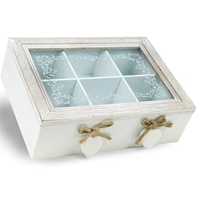 Afbeelding van com four® Vintage design opbergdoos voor thee en theezakjes, houten theedoos met 6 vakken glazen venster, 23,1 x 7,1 16,8 cm (1 stuk bruin/witte harten)