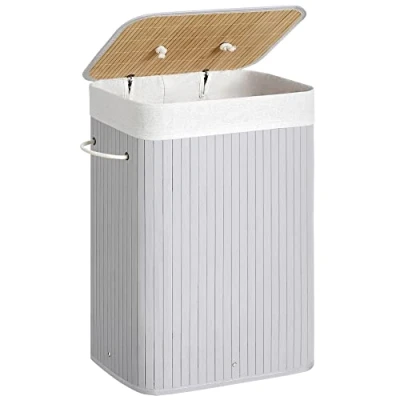 Afbeelding van Songmics LCB010G01 Wasmand van bamboe met een inhoud 72 liter, deksel en handgrepen, opvouwbare, katoenen waszak, kan in de wasmachine worden gewassen, grijs