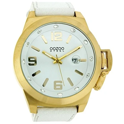 Afbeelding van OOZOO Timepieces Goudkleurige horloge met witte leren band OS137
