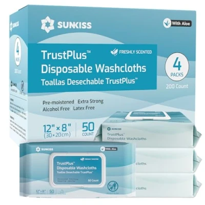 Afbeelding van SUNKISS Trustplus Vochtige doekjes voor volwassenen, extra dik, 20 x 30 cm, lichaamsreinigingsdoekjes met aloë oudere incontinentie en reiniging, parfum, 200 stuks (4 verpakkingen van 50)