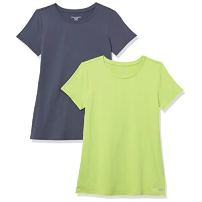 Afbeelding van Amazon Essentials Dames Tech Stretch T shirt met korte mouwen en ronde hals (verkrijgbaar in grote maten), 2 Pack, Leisteengrijs/Limoengroen, S