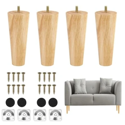 Afbeelding van TAIANJI meubelpoten, 10 cm, houten tafelpoten, 4 stuks, hout, met montageplaten en schroeven, voor bank, bed, kast, stoel