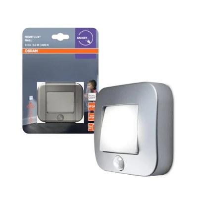 Afbeelding van OSRAM NIGHTLUX Halnachtlamp, zilver, IP54, bewegingsmelder, op batterijen, koudwit licht, 4000 K, ideaal voor gangen en entrees