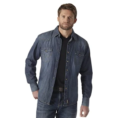 Afbeelding van Wrangler Retro shirt met lange mouwen voor heren, twee zakken en drukknoopsluiting, denim, L