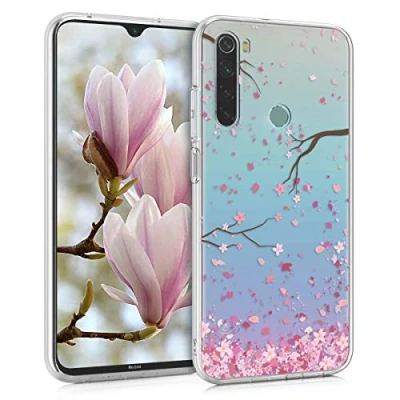Afbeelding van kwmobile telefoonhoesje compatibel met Xiaomi Redmi Note 8 (2019/2021) Hoesje voor smartphone in poederroze/donkerbruin/transparant Kersenbloesembladeren