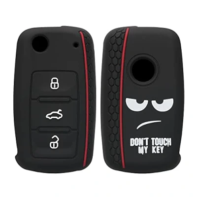 Afbeelding van kwmobile Autosleutel hoesje geschikt voor VW Skoda Seat 3 knops behuizing in wit / zwart rood Don&#039;t Touch My Key design