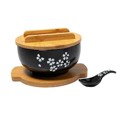 Afbeelding van lachineuse Grote Aziatische Porseleinen Kom Soep &amp; Noedels Zwarte Tint ø 16 cm Japanse Sakura Stijl Inhoud 1000 ml Lepel, Eetstokjes Houder Decoratief Japans Serviesgoed