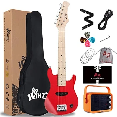 Afbeelding van Winzz 30 Inch Kids Elektrische Gitaar Beginner Kit, Junior 1/4 Size Mini voor Kinderen met Versterker, Mooie Chritsmas Geschenken Glanzend Rood