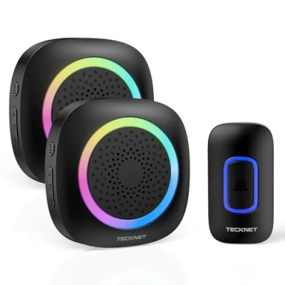 Afbeelding van TECKNET draadloze deurbel, voor buiten, waterdicht, 2 ontvangers met RGB licht, 60 melodieën, IP66 belset, 400 m batterijvoeding, kit 4,5 jaar levensduur