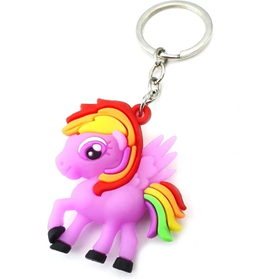 Afbeelding van Kinder sleutelhanger tashanger unicorn van siliconen paars multicolor regenboog met keyring 5x5 cm