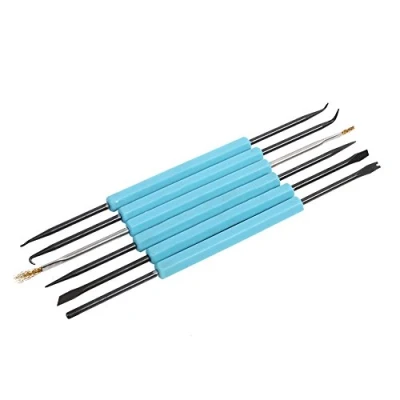 Afbeelding van 6 in 1 blauwe dubbelzijdige soldeerhulp demontagegereedschap, zeskantige soldeerhulpvork + ruimer spaanhouder borstel naald haak