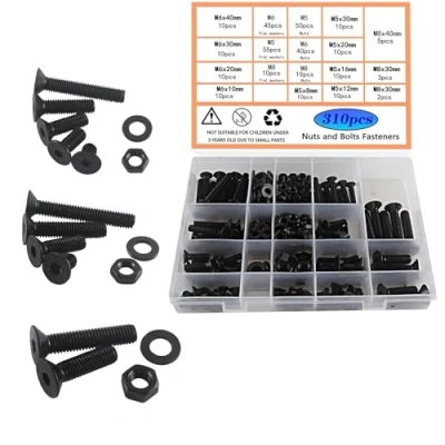 Afbeelding van HVDHYY Schroeven en moeren M5, M6, M8, zwarte schroeven, assortiment kit, koolstofstaal, sluitringen, moeren, platte kopschroeven, binnenzeskant met opbergdoos, uitgerust 3 sleutels, 310 stuks