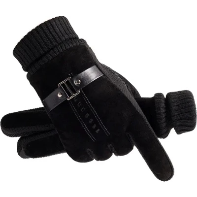 Afbeelding van Winter heren handschoenen Dik Leer Bont Gevoerd water en winddicht one size Zwart
